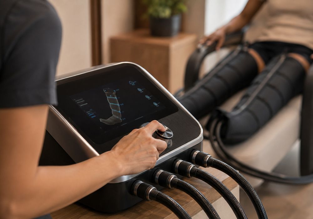 Provider adjusting compression therapy equipment in South Lake Tahoe CA