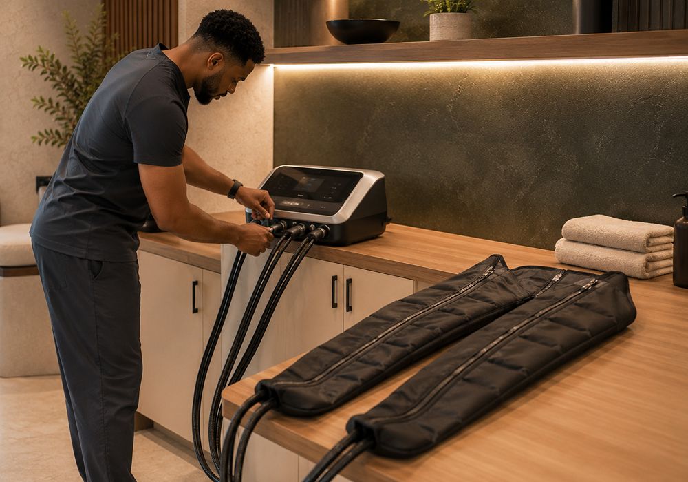 Provider preparing compression therapy equipment in South Lake Tahoe CA