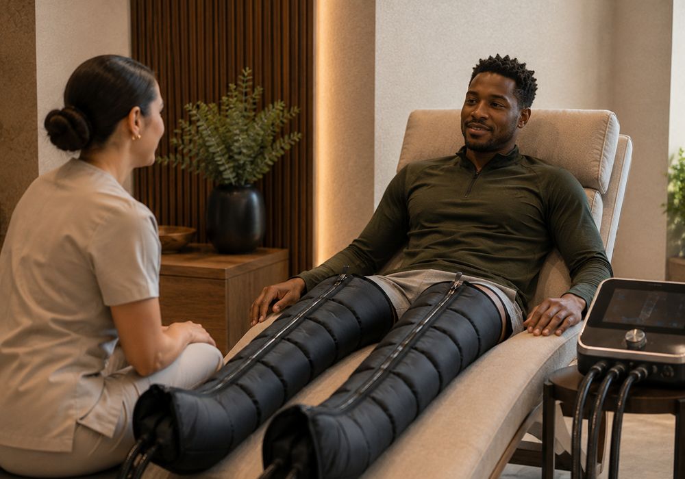 Provider reviewing compression therapy recovery zones with a client in South Lake Tahoe CA