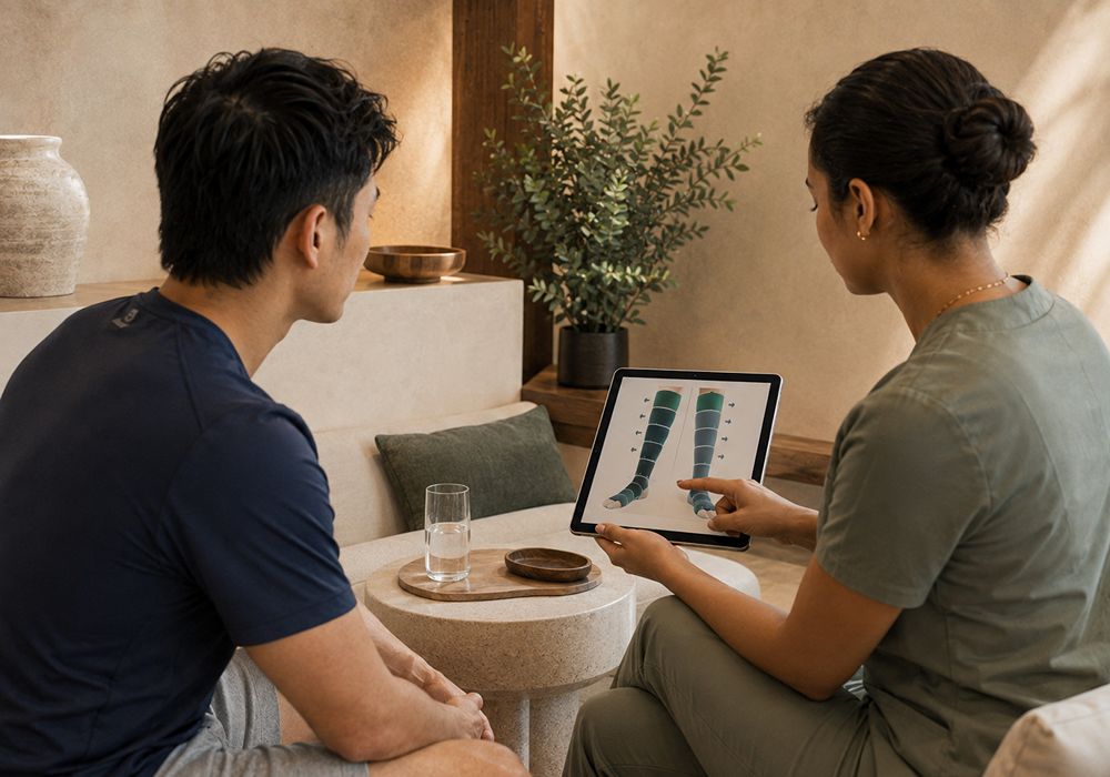 Provider reviewing compression therapy recovery zones with a client in South Lake Tahoe CA