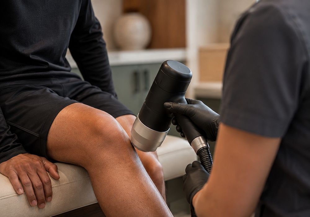 Localized cryotherapy applied near a client's knee in South Lake Tahoe CA