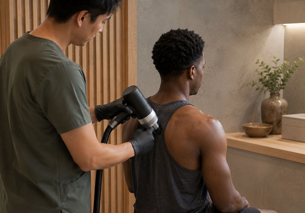 Localized cryotherapy applied near a client's shoulder in South Lake Tahoe CA