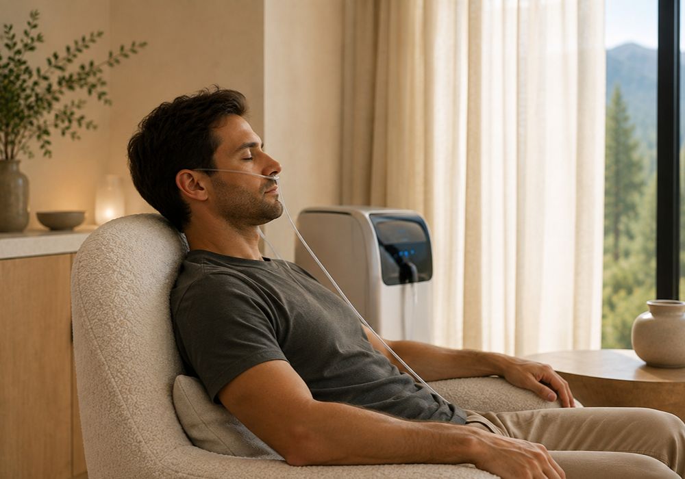 Client relaxing during molecular hydrogen therapy in South Lake Tahoe CA