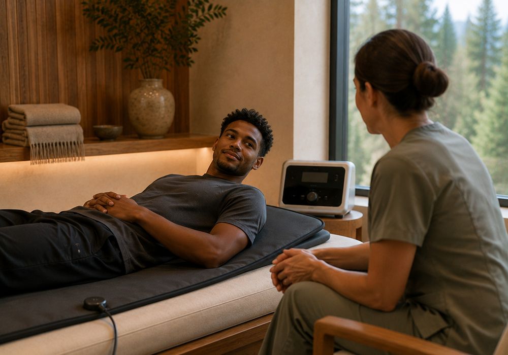 Provider checking client comfort during PEMF therapy in South Lake Tahoe CA