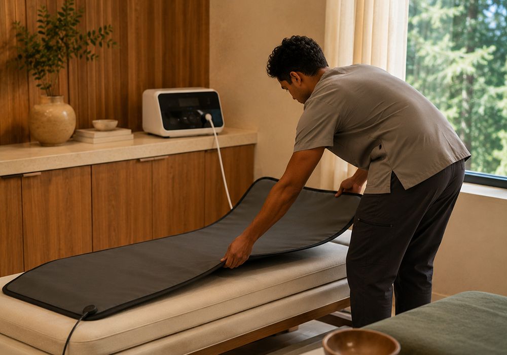 Provider preparing a PEMF therapy mat in South Lake Tahoe CA