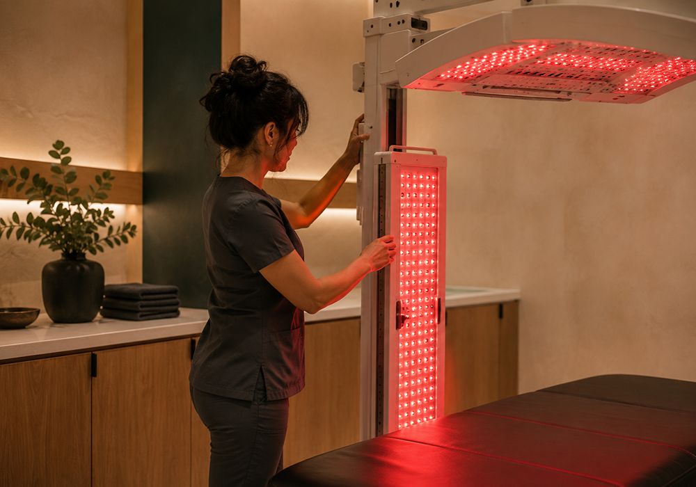 Provider preparing red light therapy equipment in South Lake Tahoe CA