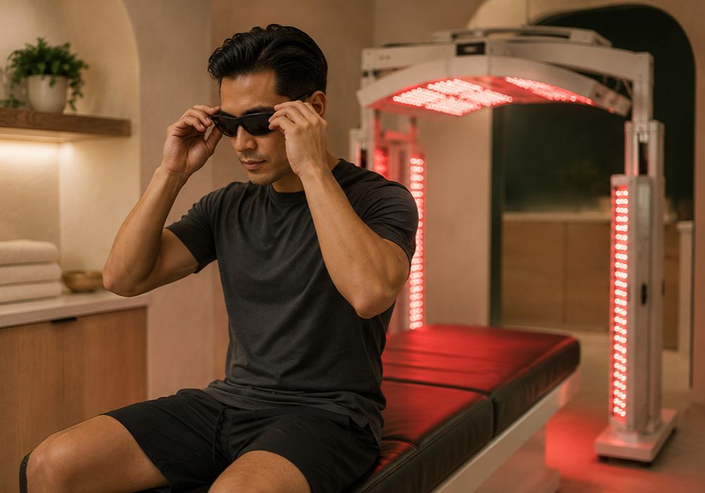 Client preparing for a red light therapy session in South Lake Tahoe CA